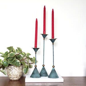 Set Of 3 Graduated Metal  Italian Memphis Postmodern Green Candleholders